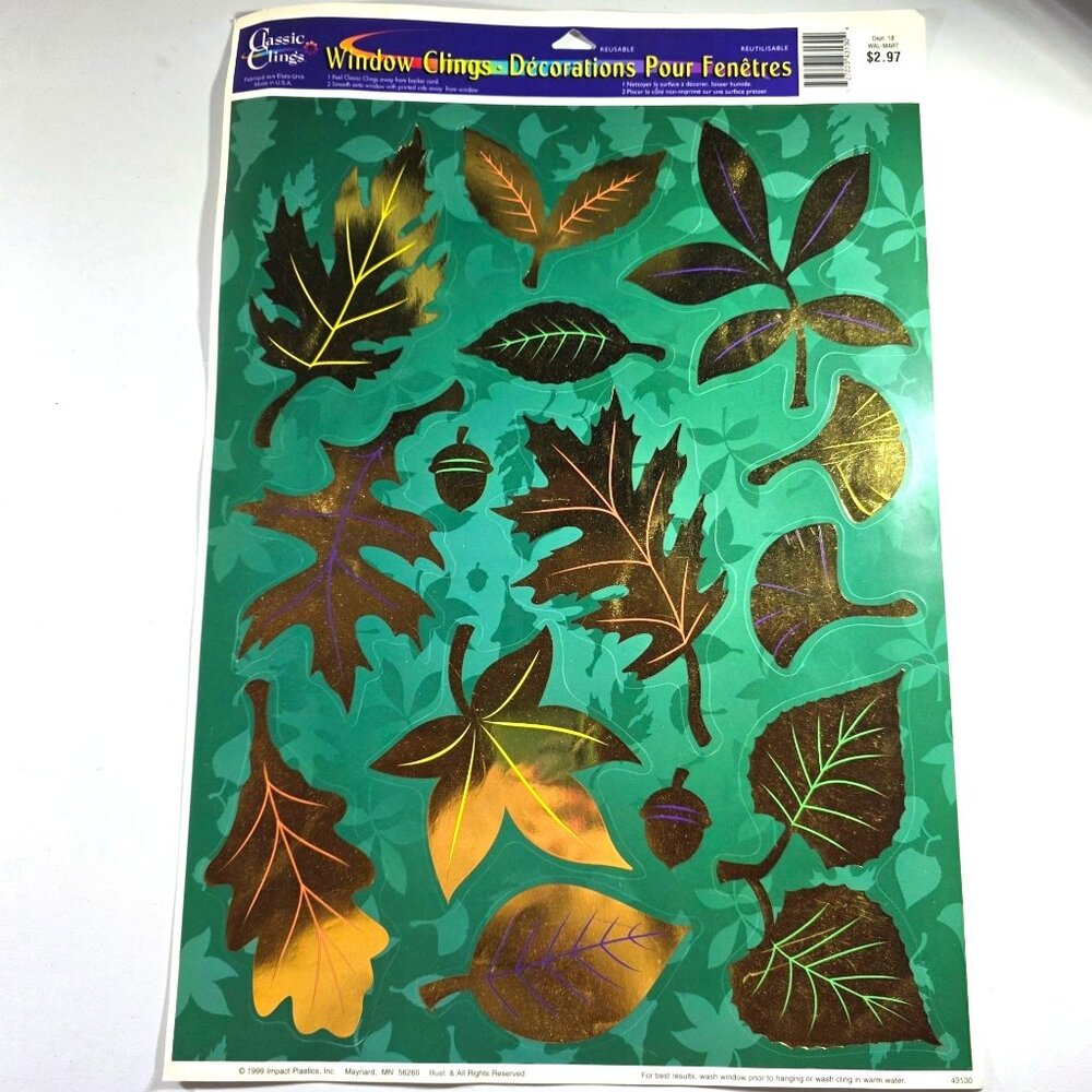 Window Clings Autumn Leaf Reusable vtg 90s metallic fall decor thanksgiving